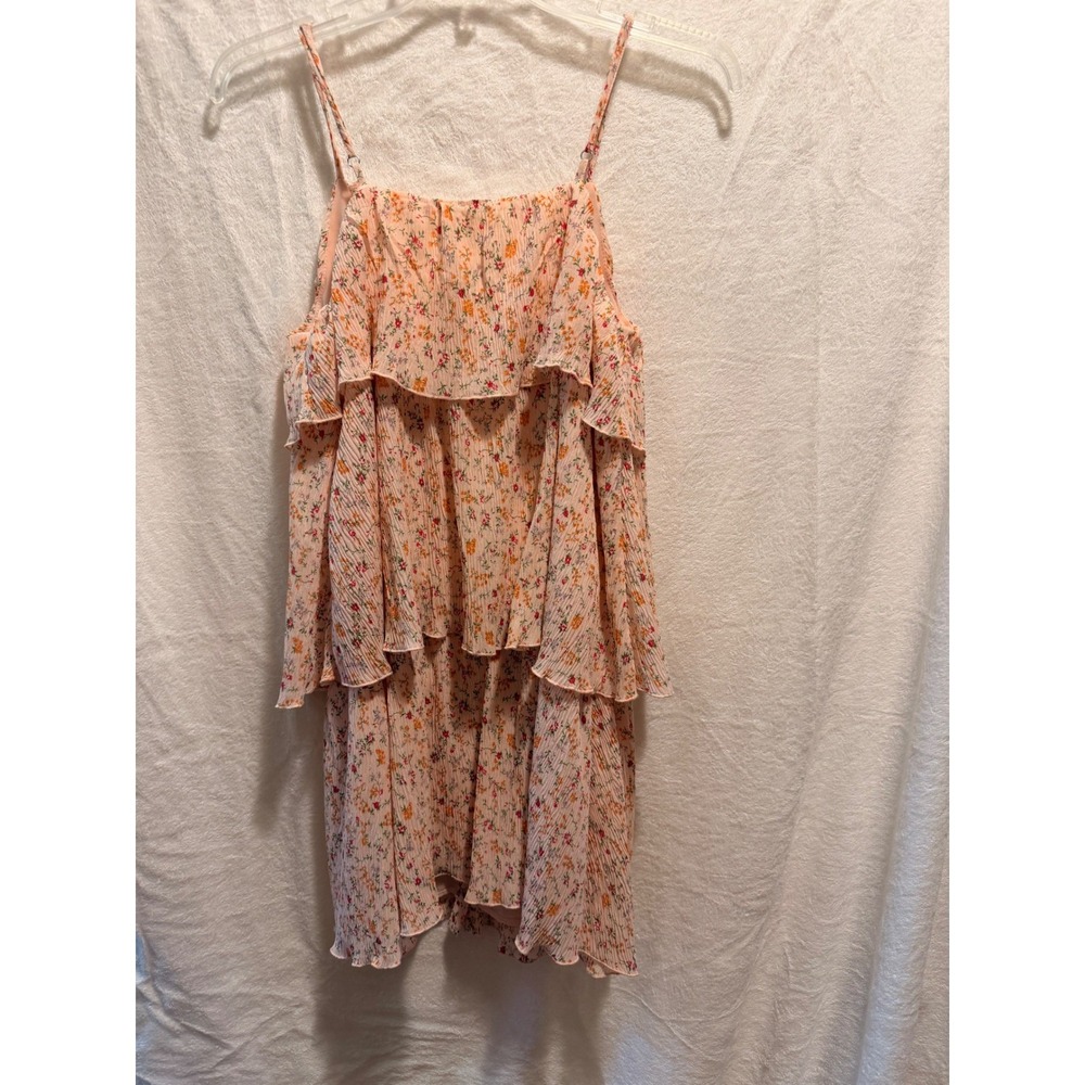 Promesa Peach Floral Tiered Mini Dress Pleated Ruffle Button Front Medium boho